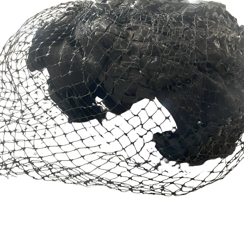 Vintage 1960's Fascinator Blk Headband w/Face Netting Black Woven Accents